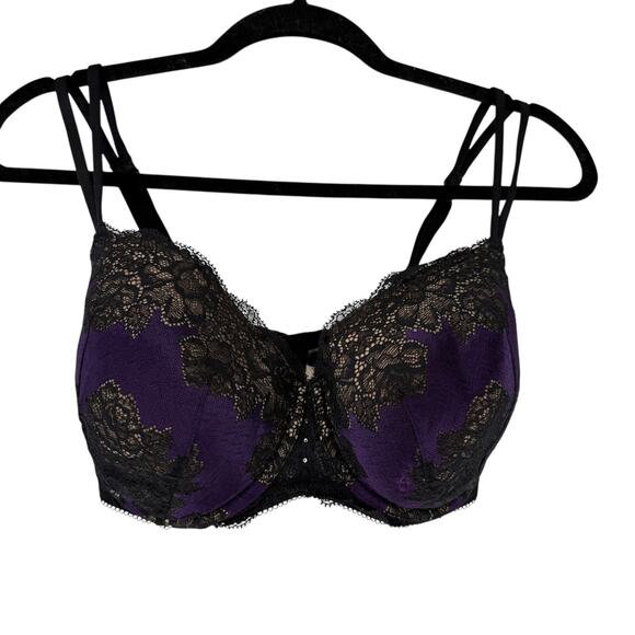 Cacique Bra Size 38F Purple Black Lace Underwired Strappy Sexy Back Closure Bra - Picture 1 of 10